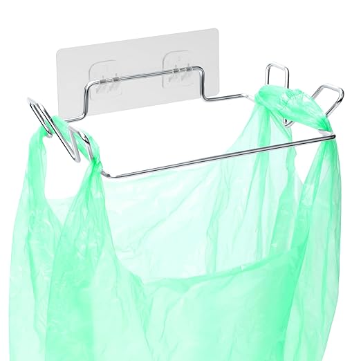 Stainless Steel Trash Bag Holder for Kitchen Cabinets Doors and Cupboards, Under Sink Bag Hanger, Portable Trash can, Waste Bins, Wall Adhesive Hanging Garbage Bins, with Wall Sticker Base