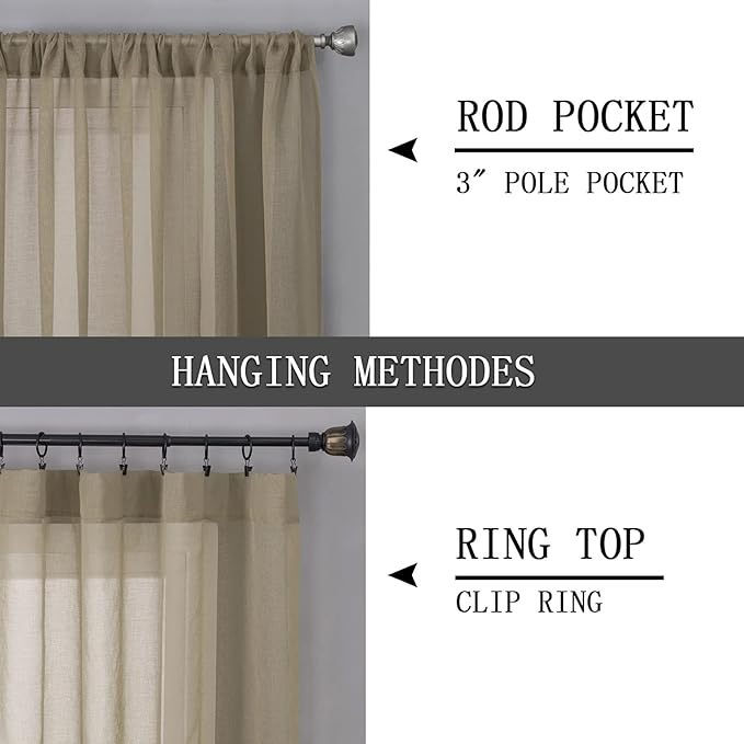 Tollpiz Sheer Curtains Living Room Linen Textured Curtain Sheers Light Filtering Voile Rod Pocket Curtains for Bedroom, 38 x 63 inches Long, Taos Taupe, Set of 2 Panels