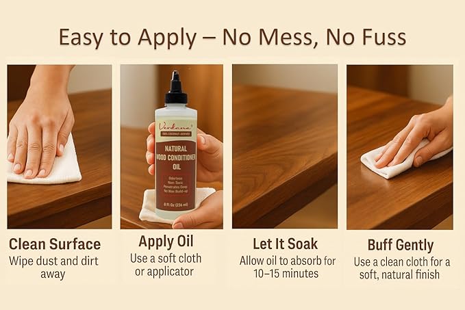 Verdana Natural Wood Conditioner Oil – 8 fl oz – Odorless, Non-Toxic Coconut Oil Polish for Furniture – No Wax Buildup - Nourishes, Restores & Rejuvenates Wood Furniture