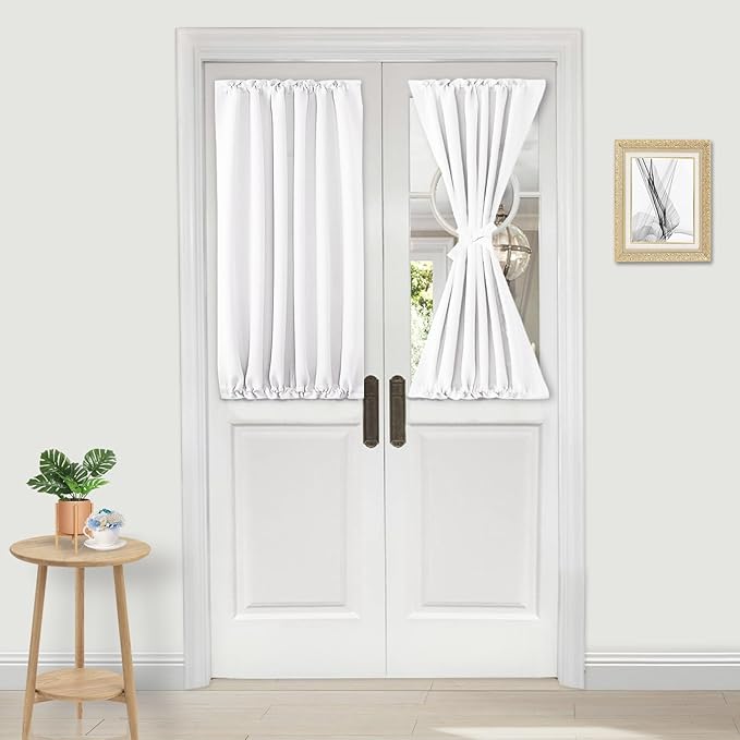 DWCN French Door Curtains – Rod Pocket Thermal Curtain for Doors with Glass Window, Kitchen and Patio Doors for Privacy, 25 X 40 Inches Long, 1 Curtain Panel with Tieback, Pure White
