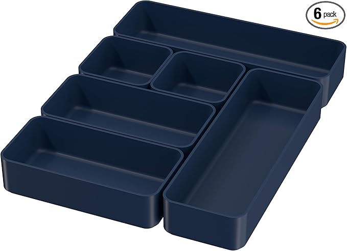 Drawer Organizers, Storage Plastic Desk Bins Stackable Organizers Tray, Bathroom Dividers Small Makeup Bin Clothes Organizing Trays for Containers Vanity Office Cabinet Sliverware Set, Blue