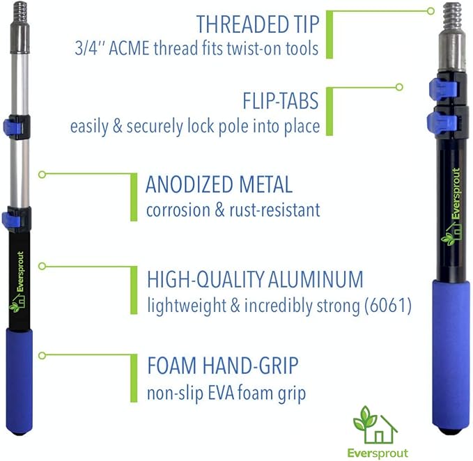 EVERSPROUT 1.5-to-3 Foot Swivel Squeegee and Microfiber Window Scrubber (8-10 Ft Standing Reach) | 2-in-1 Window & Glass Cleaning Combo | Lightweight, Aluminum Extension Pole | Includes 10-inch Blades