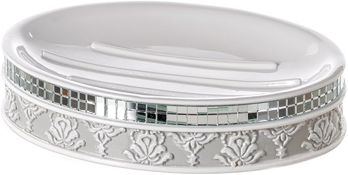 Creative Scents Mirror Damask Soap Dish for Bathroom, Decorative Dry Bar Holder, Best Dishes for Sink/Bath/Shower Decor (Gray & White)