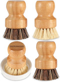Bamboo Scrub Brush Clean Pan, Dish and Vegetable, Natural Bristles Palm Pot Brush 4 Pack Round Mini Dish Brush with Ceramic Holder for Kitchen Sink Cleaning