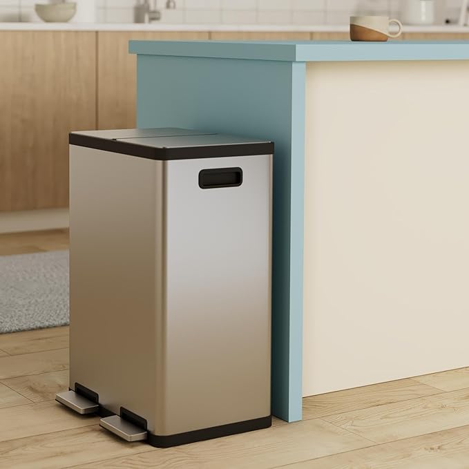 SIMPLI-MAGIC 60 Liter / 16 Gallon Rectangular Hands-Free Dual Compartment Recycling Kitchen Step Trash Can with Soft-Close Lid, Brushed Stainless Steel