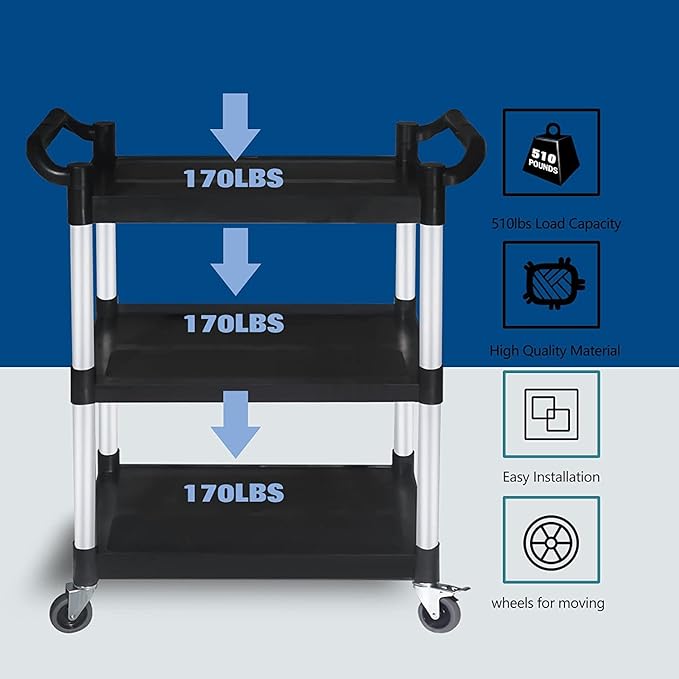 Service Cart with Wheels Lockable Large Size, Plastic Restaurant Cart Heavy Duty, Utility Commercial Cart for Office, Warehouse, Foodservice,40.1" L x 19.2" W x 38.5" H. Black (Large)