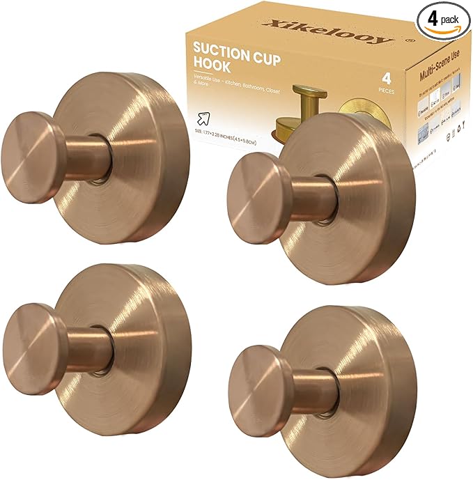 4pcs Suction Cup Hooks for Shower,Shower Towel Suction Hooks,No Drill Towel Hooks for Bathroom Wall,Kitchen,Glass,Mirror,Tile to Hang Towels,Robes,Loofah (Rose Gold)