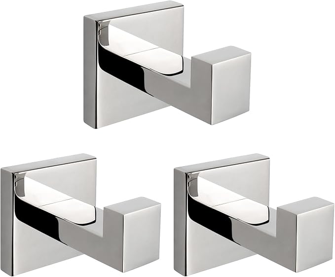 NearMoon Bath Towel Hooks -SUS304 Stainless Steel Square Clothes Robe Hooks Hanger, Heavy Duty Coat Hooks for Bathroom Livingroom Hotel Kitchen Garage, Wall Mounted - 3 Pack (Chrome Finish)