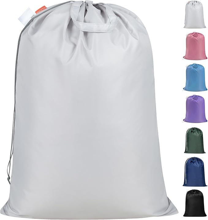Polecasa Extra Heavy Duty Large Laundry Bag with Sturdy Handles, ID Tag & Drawstring Closure, 28 x 36 inches Durable Storage Bags, Laundry Accessory for Basket, Hamper, College, Dorm, Travel, Silver