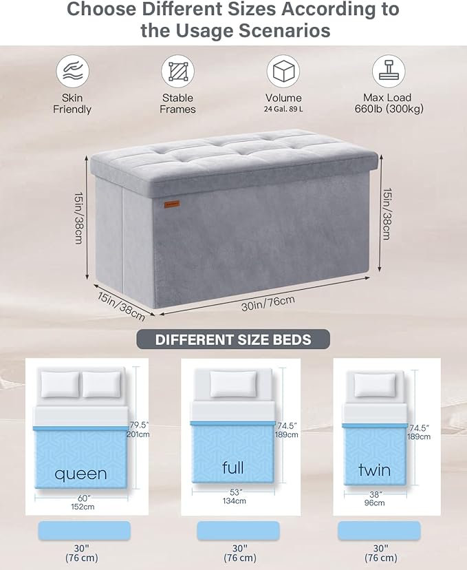 Folding Storage Ottoman, Velvet Storage Bench, Footrest, Removable Divider, for Living Room, Bedroom, 15 x 30 x 15 Inches, 660 lb Load Capacity, Dove Gray UASND01G