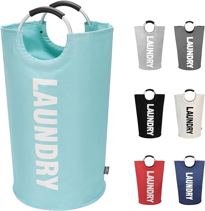 DOKEHOM 90L Large Laundry Basket, Collapsible Laundry Bag, Freestanding Tall Clothes Hamper, Foldable Washing Bin (Light Blue)