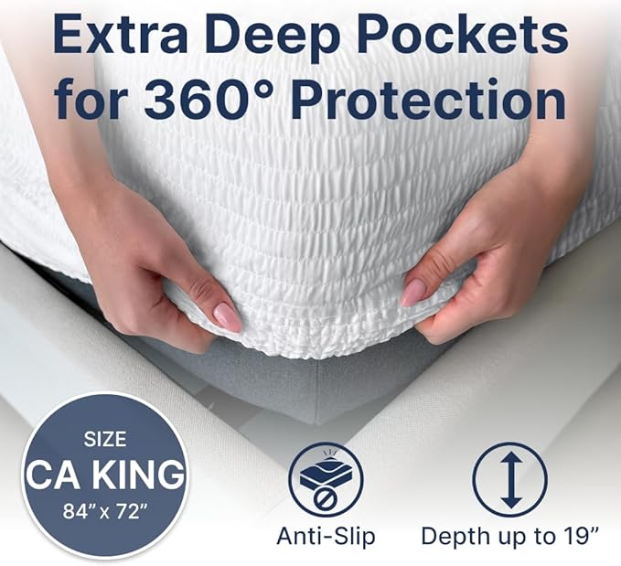 PAULATO BY GA.I.CO California King Waterproof Mattress Protector – Mattress Cover for Cal King Size Bed – Soft Noiseless Hypoallergenic Machine Wash – Water Proof Protector with Elastic Skirt