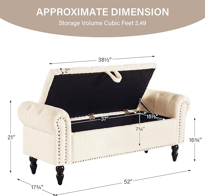 Furnimart Storage Ottoman Bench for Queen Size Bed, Faux Fur Upholstered Storage Bench Accent Bench with Rolled Arms for Bedroom,Living Room, Entryway, 2.5Cubic Feet