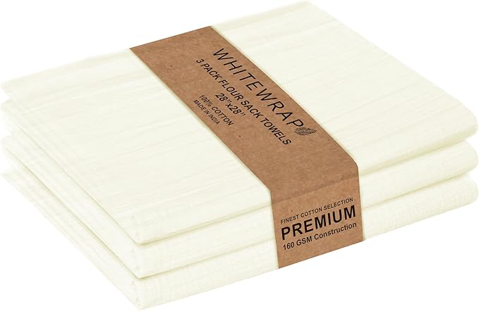 WHITEWRAP Flour Sack Towels| Tea Towel for Crafts| Kitchen Dish Cotton Blank Towel for Embroidery|Baking Bread Proofing Linen Cover| Thick Absorbent Quick Dry| 3 Pack 28"x28" Natural