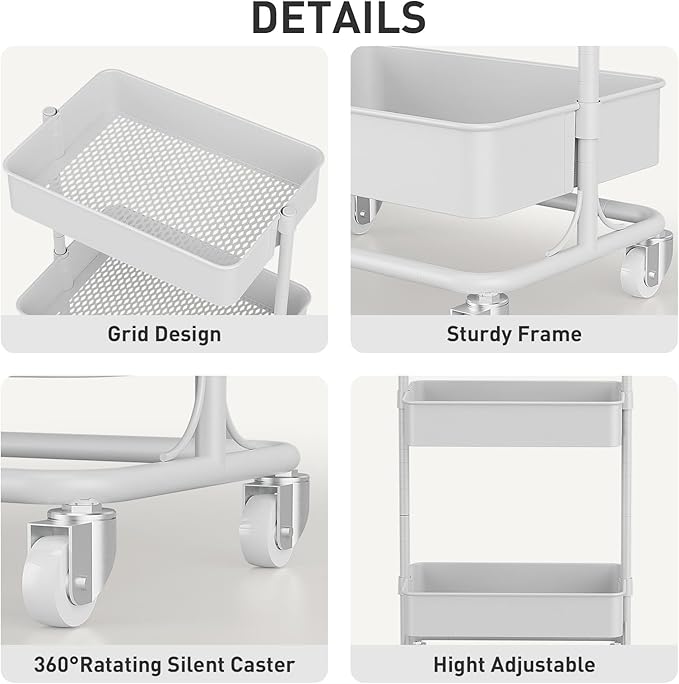 3 Tier Modern Metal Rolling Tool Cart with Silent Casters, 17.72×12.40×35.04 inch Heavy Duty Organization Truck Trolley Organizer for Office, Living Room, Kitchen, (White)