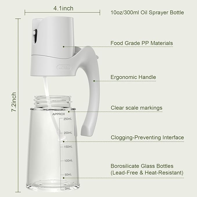 Ultrean Oil Sprayer for Cooking, 10oz/300ml Olive Oil Dispenser Bottle for Kitchen, Food-grade Glass Oil Bottle for Air Fryer, BBQ, Salad