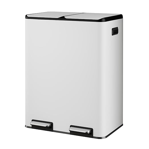 WLIVE Dual Trash Can, 2 x 8 Gallon (2 x 30 L), Step Trash Can with Lid with Inner Buckets, 2 Compartment, Heavy-Duty Stainless Steel Gabage Can for Kitchen with 15 Trash Bags, White