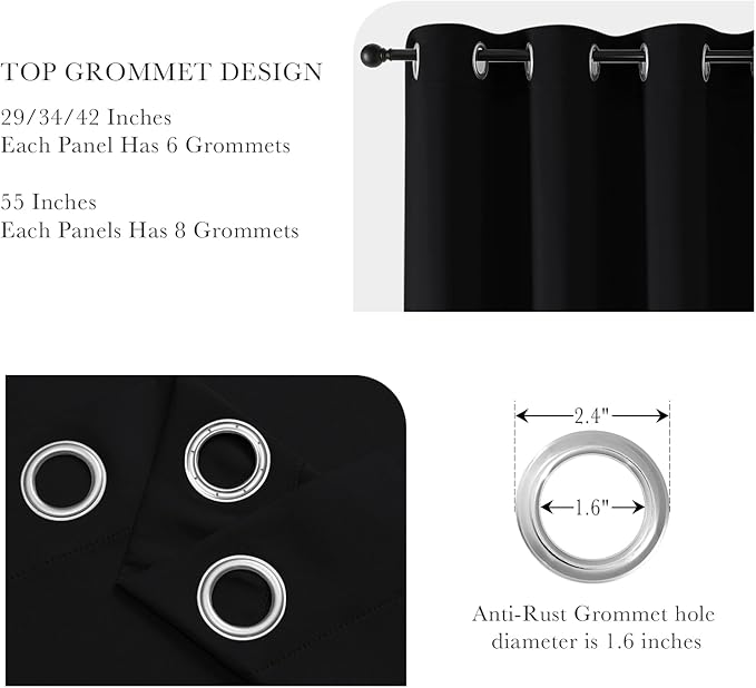 PONY DANCE Black Short Blackout Curtains for Kitchen 45 Inch Length, Thermal Insulated Grommet Curtains for Bedroom, Black Out Drapes for Bathroom Small Window (2 Panels Set, 34 inches Wide)