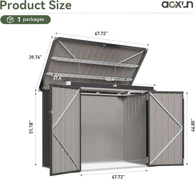 Aoxun 80 CU.FT Outdoor Storage Shed Metal Trash Can Storage with Chain Lid Waterproof Outdoor Garbage Can Organizer, Ideal for 2 Trash Bins, Toys, Garden Tools (Black)