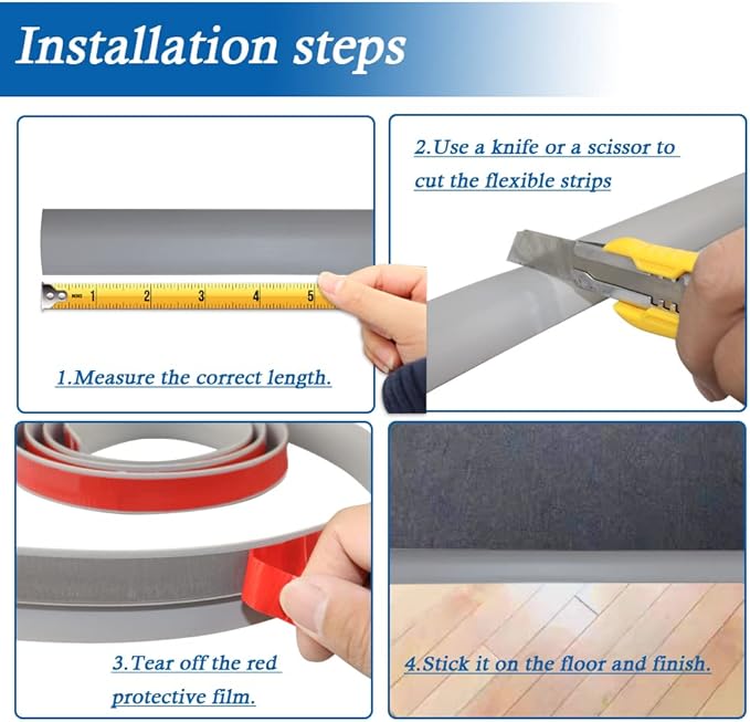 Floor Transition Strip Self Adhesive Carpet & Flooring Transitions Edging Trim Strip PVC Threshold Transitions Suitable for Threshold Height Less Than 3mm (3.3Ft, Gray)
