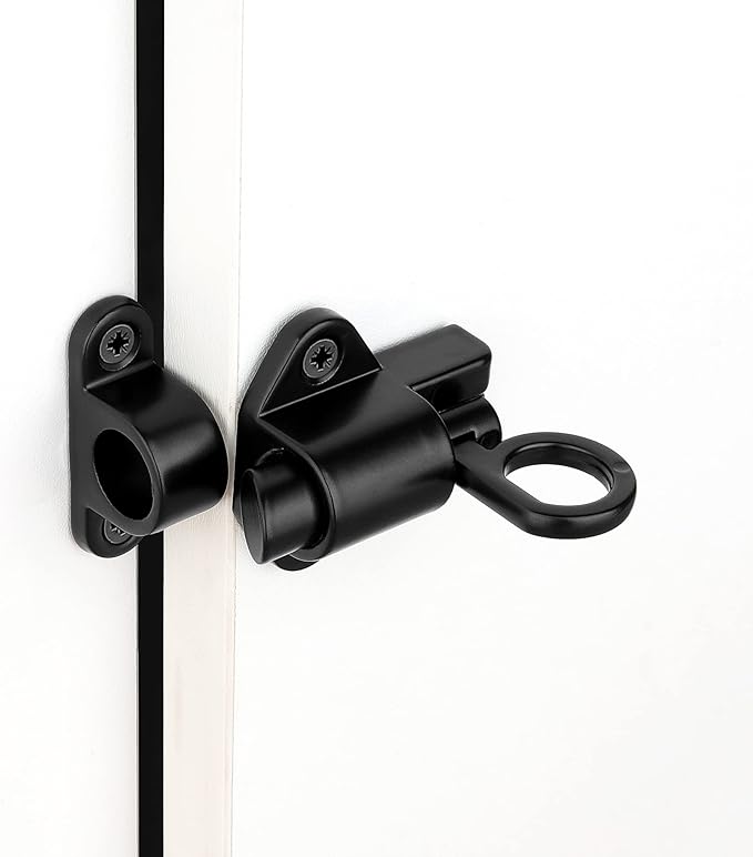 3 Packs Self-Closing Latches，Black Spring Door Lock，Resilient Bolt Latch Aluminum Alloy Safety Automatic Spring Barrel Slide Door Lock with Screws,Used for Gate,Window and Cabinet etc…