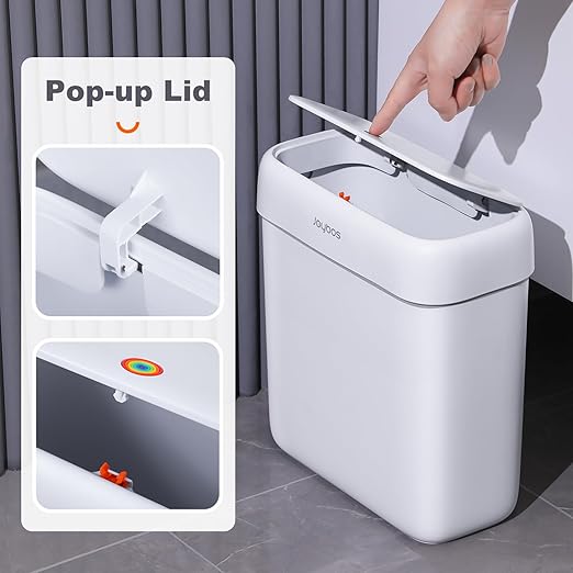 JOYBOS Bathroom Trash Can with Lid,3 Gallon Small Garbage Can with Press Top Lid,10L Dogproof Slim Plastic Narrow Trash Bin for Toilet, Office, Bedroom, Living Room, Grey
