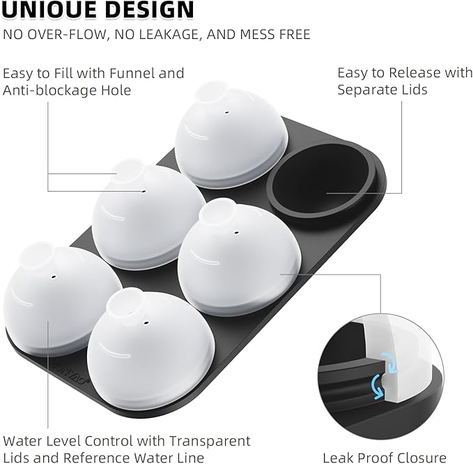 HONYAO Whiskey Cocktail Ice Mold, Easy Fill and Release Silicone Round Ice Ball Maker Mold Large Square Ice Cube Tray with Lid - 6 Ice Balls + 6 Ice Cubes Black