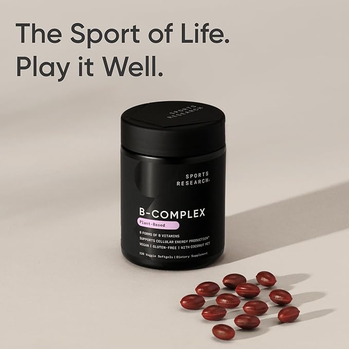 Sports Research® Vitamin B-Complex - Full Spectrum of B Vitamins with Methylated B12 & Folate - Gluten Free · Plant-Based · Non-GMO · Vegan-Friendly Formula - 120 Veggie Softgels