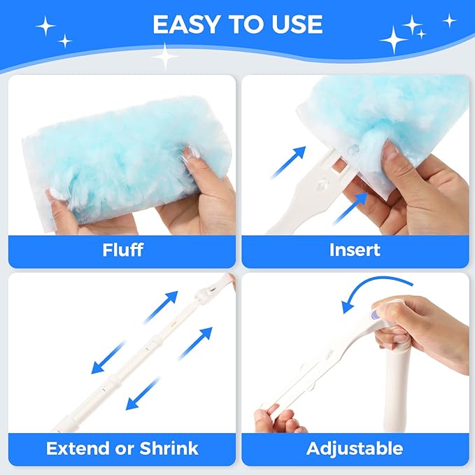 Disposable Duster Refills 8-Pack with Extendable Handle, 360° Electrostatic Dusting Tool, Adjustable Angle for Ceiling/Fan/Furniture Cleaning (Compatible with Multi-Brand Heads)