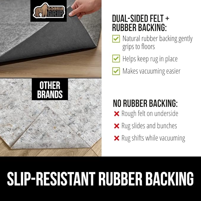 GORILLA GRIP Felt and Natural Rubber Stay in Place Slip Resistant Rug Pad, 1/4in Thick, 2x10 FT Protective Padding Under Area Rugs, Cushioned Gripper Pads, Carpet Runners, Hardwood Floors Protection