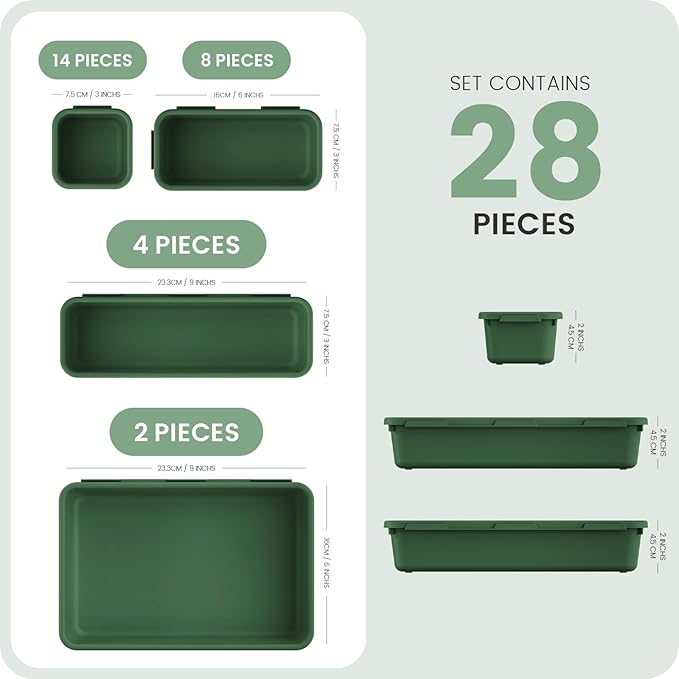 A-LuGei 【28PCS】 Drawer Organizer, Bathroom Organizers and Storage, Makeup organizer, Desk drawer organizer, Storage Bins for Kitchen Office Bedroom Vanity Jewelry Pantry Garage【ArmyGreen】【4Size】