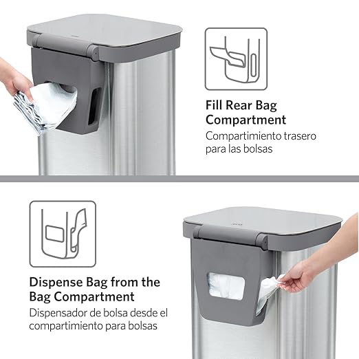 Glad Stainless Steel Step Trash Can, Series 2 with Clorox Protection - Large Metal Kitchen Garbage Bin with Soft Close Lid, Foot Pedal and Waste Bag Roll Holder, 13 Gallon
