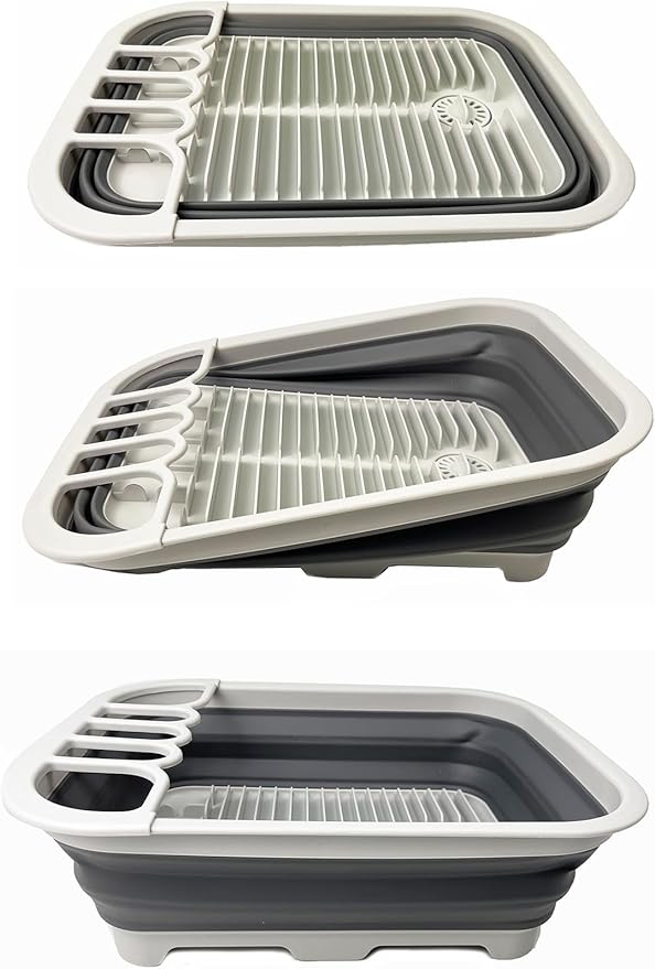 SAMMART 12L (3.17 Gallon) Collapsible Dish Drainer with Swivel spout - Foldable Drying Rack Set - Portable Dinnerware Organizer - Space Saving Kitchen Storage Tray (Grey/Steel Grey)