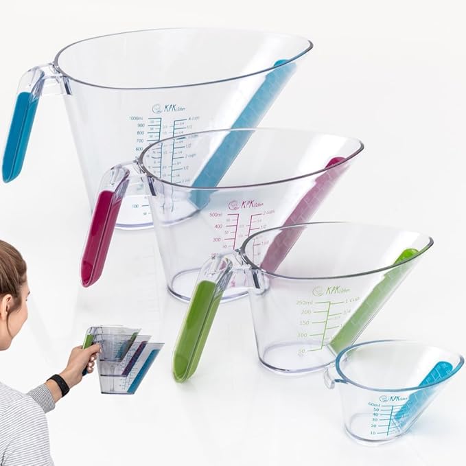 KPKitchen 4-Piece Angled Liquid Measuring Cups Plastic Set - BPA-Free Mini Oz, 1, 2 and 4 Plastic Measuring Cup Sizes - Measuring Cups For Liquids with ML & Cups Measures - Small & Large Measure Cup