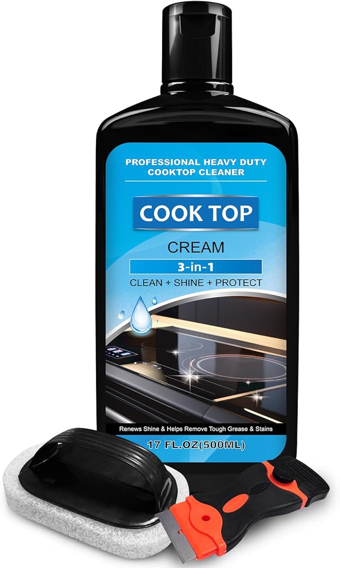 Cooktop and Stove Top Cleaner Kit, Glass Cooktop Cleaner Combo Kit with Razor, Scraper, Scrubbing Pad Removes Tough Stains, Stovetop Cleaner for Glass and Ceramic Surfaces,17OZ