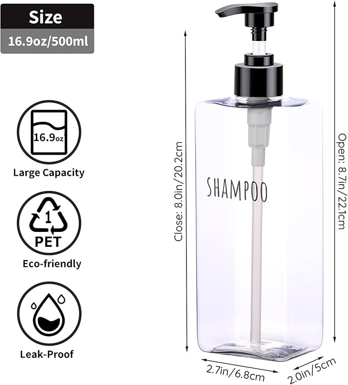 Segbeauty Clear Square Shampoo Bottles, 3pcs 16.9oz Refillable Plastic Lotion Dispenser with Pump, 500ml Empty Reusable Bathroom Shower Bottle Dispense Shampoo Conditioner Body Soap Liquid Gel