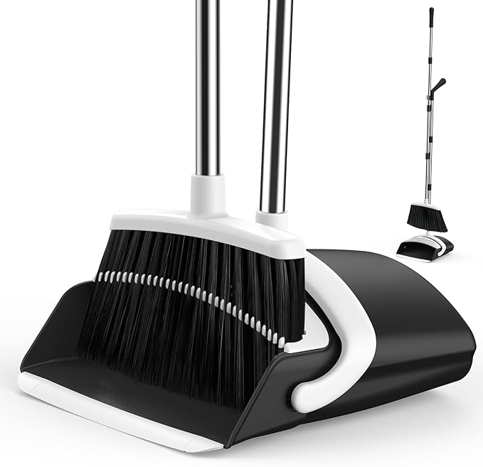 Broom and Dustpan Set for Home, 51-in Long Adjustable Handle Angle Broom and Dustpan Combo Set with Dust Pan Teeth to Clean Hair for Home Kitchen Office Lobby Floor Garden (Black&White)