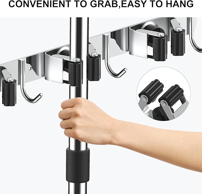 nacena Broom holder Wall Mount, 2-Pack Silver Stainless Steel Self-Adhesive Mop and Broom Hooks Heavy Duty Broom and Mop Storage Rack laundry room organization for Kitchen Garden garage