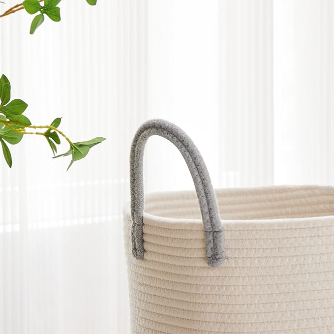 VIPOSCO Large Laundry Hamper, Tall Woven Rope Storage Basket for Blanket, Toys, Dirty Clothes in Living Room, Bathroom, Bedroom - 72L Grey & White