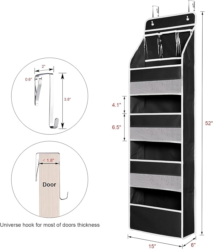 Univivi 5-Shelf Fabric Door Storage Over Door Hanging Organizer with 4 Large Pockets and 3 Small PVC Pockets Nursery Closet Cabinet Wall Mount Hanging Storage Organizers for Baby Nursery (Black)