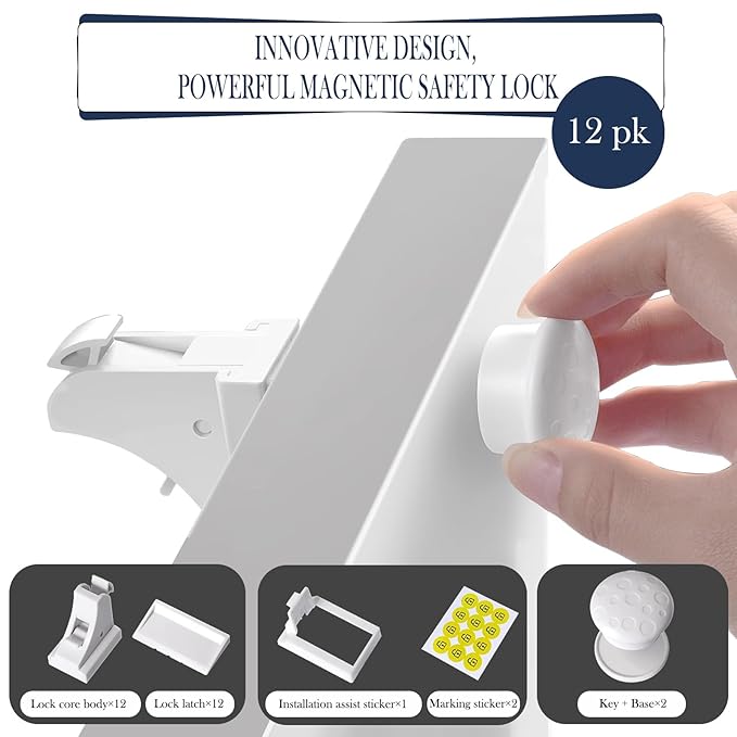 12 Pack Magnetic Cabinet Locks Baby Proofing, Child Proof Cabinet Locks, Child Safety Cupboard Drawers Latches - Adhesive Easy Installation
