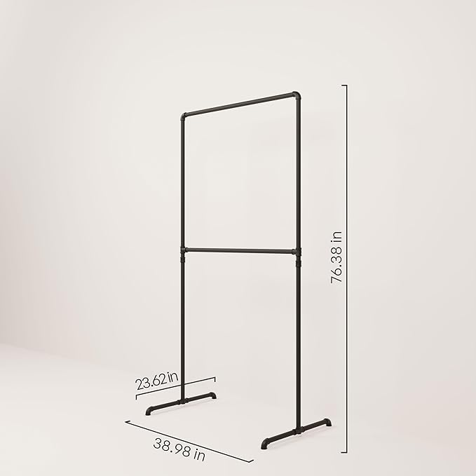 pamo Industrial Pipe Clothing Rack with Shelf - 130 lbs Capacity - Free Standing Clothes Rack and Walk In Closet for Wardrobe