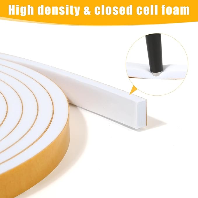Weather Stripping Seal (1/2 Inch X 2/5 Inch) for Door Window, 13Feet High Density Foam Tape, Soundproofing, Insulation Strip, Door Sealers for Door Frame- White