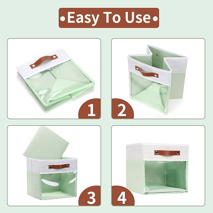HNZIGE 13x15x13 Cube Storage Bins, 4 Pack Fabric Clear Organizer With Window, Large Collapsible Shelf Bins for Closet, Toy, Clothes - White Green