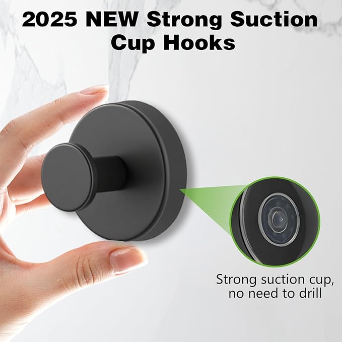 Suction Cup Hooks for Wreaths on Glass, No-Drill Suction Cup Hooks, Wreath Hangers for Front Doors, Metal Towel Hooks for Showers Bathrooms Mirrors (2Pcs Black)