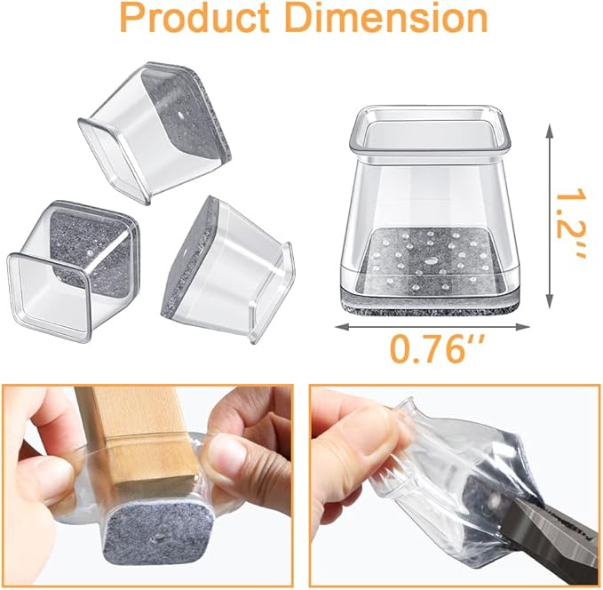 32 Pcs Square Chair Leg Protectors for Hardwood Floors,Felt Furniture Floor Protectors with Silicone Caps, Small Size (Fits Chair Legs with Side Length: 3/4" to 1")