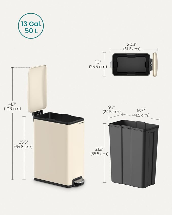 SONGMICS Slim Trash Can, 13-Gallon (50 L) Garbage Can for Narrow Spaces with Soft-Close Lid, Inner Bucket, and Step-on Pedal, Stainless Steel, 15 Trash Bags Included, Sand Beige ULTB510A01