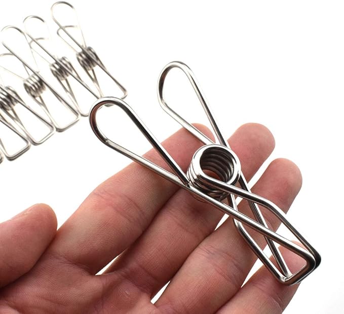 HAHIYO Clothespins Chip Clips All Metal Stainless Steel No Rust Stains Strong Grip in Heavy Wind 3.4 Inches 14 Pack Extra Large Do Not Fall Apart Open Wide for Holding Clothes Snack Bag Clamps
