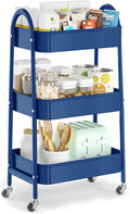 EAGMAK 3 Tier Utility Rolling Cart, Metal Storage Cart with Handle and Lockable Wheels, Multifunctional Storage Organizer Trolley with Mesh Baskets for Kitchen, Living Room, Office, Garage (Indigo)