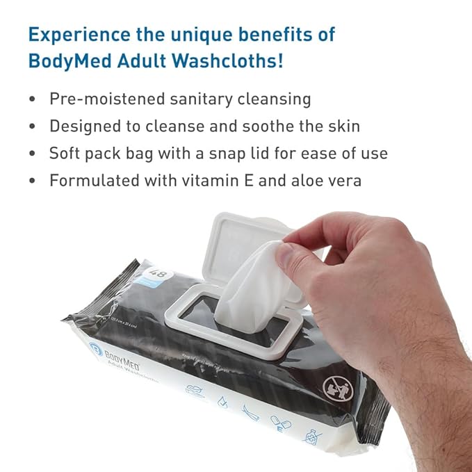 BodyMed Adult Disposable Incontinence Wipes, 48 Wipes/Pack (12-Pack) - Pre-Moistened & Hypoallergenic Washcloths Formulated with Vitamin E & Aloe Vera
